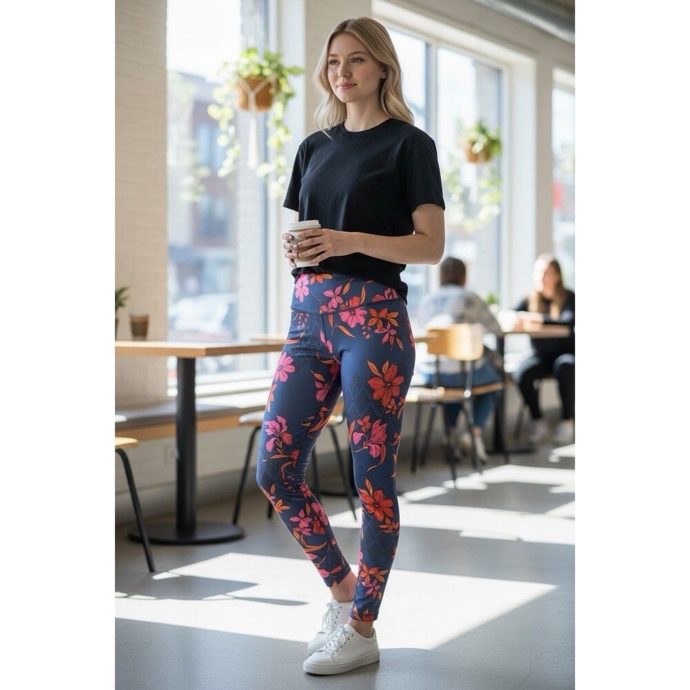 Yelete Active Red/Blue Floral Leggings Size Medium NWT